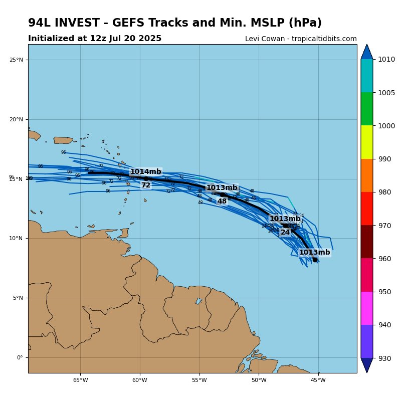 WeatherWatchPR's tweet image. Comunicado de las 8PM…
🔷Onda tropical, Invest 94L (gráfica 1 y 2) a 900 millas al este de las Antillas Menores desarrolla una pequeña baja presión con aguaceros y tronadas concentradas cerca del centro.🔷
✔️Las condiciones ambientales parecen ser favorables para desarrollo…