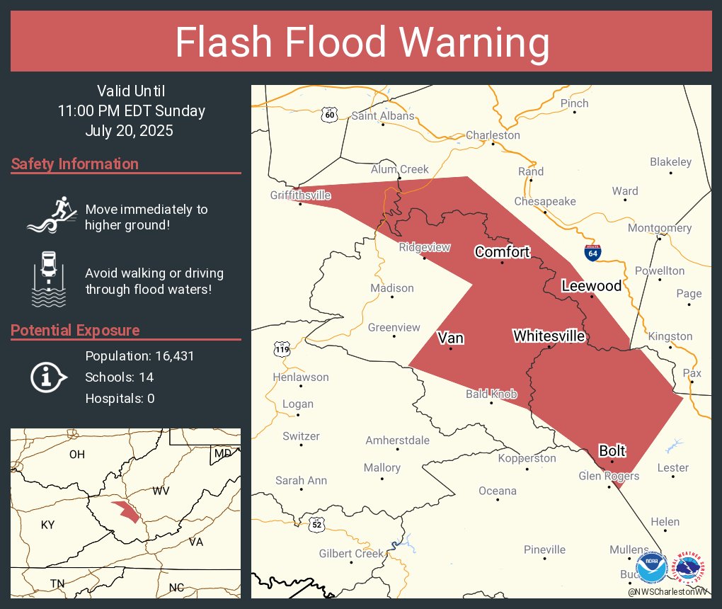NWSCharlestonWV's tweet image. Flash Flood Warning including Bolt WV, Whitesville WV and Comfort WV until 11:00 PM EDT