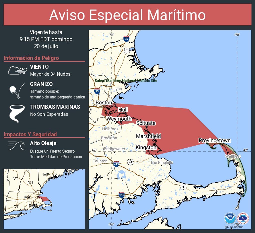 NWSBoston's tweet image. Aviso Especial Marítimo incluye Aguas costeras al este de la Bahía Ipswich y del Santuario Marino Nacional Stellwagen Bank, Bahía de Massachusetts y Bahía de Ipswich , Bahía Cabo Cod y Puerto de Boston hasta las 9:15 PM EDT