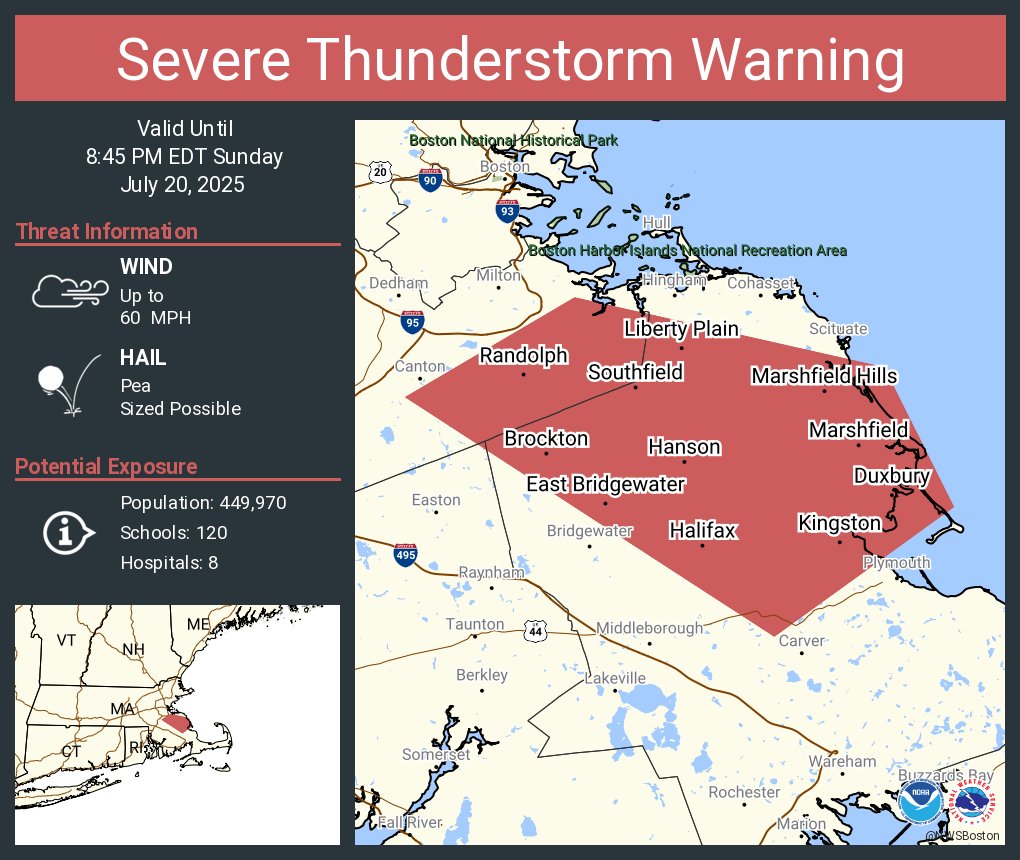 NWSBoston's tweet image. Severe Thunderstorm Warning including Brockton MA, Randolph MA and Abington MA until 8:45 PM EDT