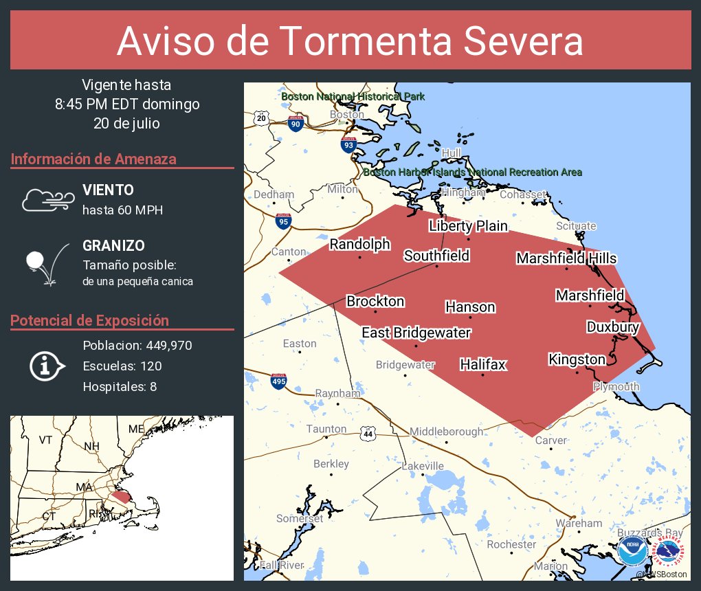 NWSBoston's tweet image. Aviso de Tormenta Severa incluye Brockton MA, Randolph MA, Abington MA hasta las 8:45 PM EDT