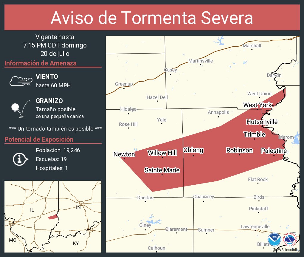 NWSLincolnIL's tweet image. Aviso de Tormenta Severa continúa Robinson IL, Newton IL, Oblong IL hasta las 7:15 PM CDT