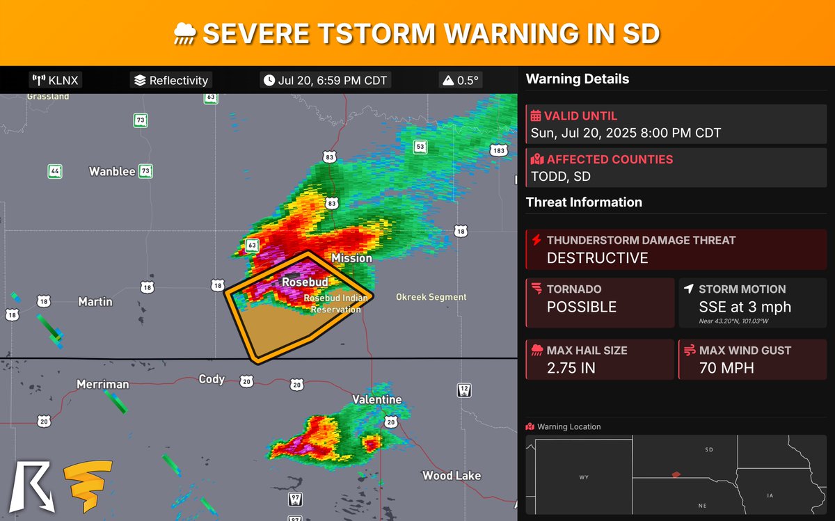 OfficialYallbot's tweet image. South Dakota Severe Thunderstorm Warning: DESTRUCTIVE storm for Rosebud & Saint Francis with 2.75-inch hail & 70 mph winds, nearly stationary. People & animals outdoors will be severely injured. Expect shattered windows & extensive damage. Get inside a strong building NOW, away…