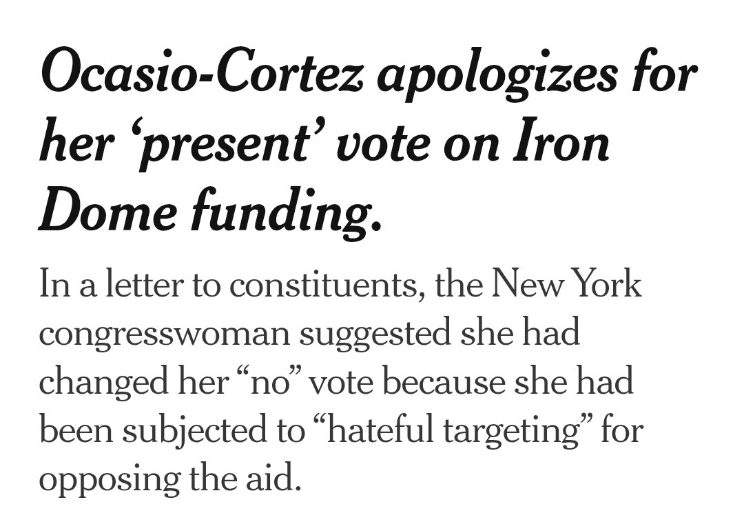 A few years ago, AOC voted present on Iron Dome funding and then cried in front of Pelosi. I want ppl to realize the excuses ppl gave her led to the moment you have now; where she voted to protect it once again! This is not an error. This is a career move. Thread 1/1