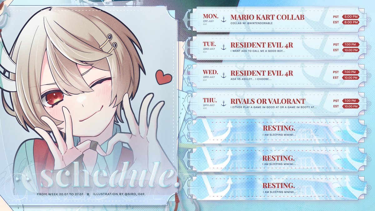 KosLaniakea's tweet image. Justice is a dish better served cold, or else its JUST ICE AAAAAAAAHAHAHAHAHAHHA
Schedule for July 20th to July 27th
The weekend is a streak of breaks because I am going on vacation!! Maybe I can pull some vuzz . . .
Art by @/siro_o69
Refs + Tags below!