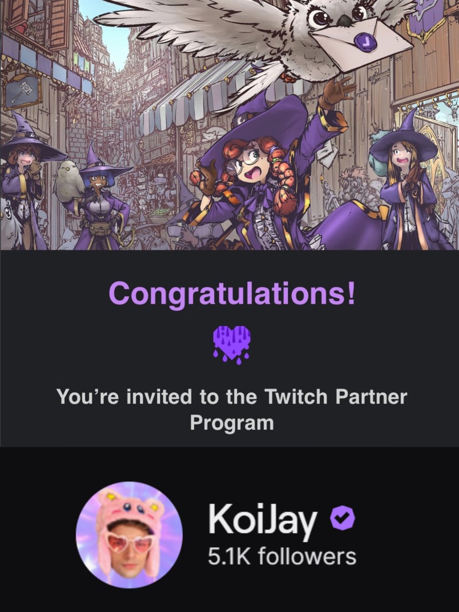 KoiJayx's tweet image. We did it.💜 I'm officially a Twitch Partner.
This community has been my heart for so long, and today feels like a dream come true. I can’t thank you enough for believing in me, laughing with me, and sticking around through every chaotic, cozy, and unhinged moment.✨
I’m live…