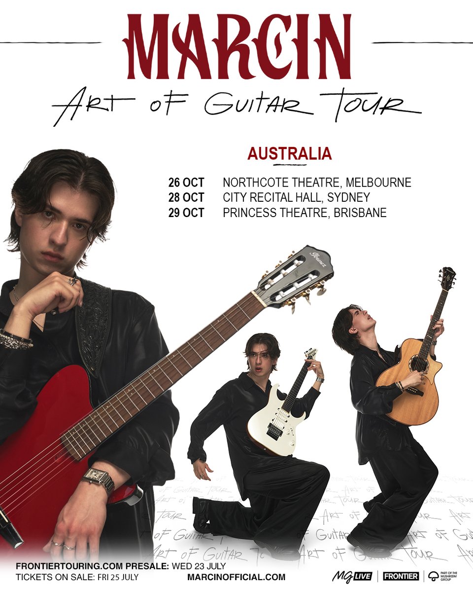 frontiertouring's tweet image. ANNOUNCING ❤️ Polish guitar prodigy @marcinguitar is making his Australian debut later this year with the Art Of Guitar Tour! All shows Lic. All Ages
Frontier Member presale: Wed 23 Jul, 12pm local
Tickets on sale: Fri 25 Jul, 12pm local
🎫 frontiertouring.com/marcin
