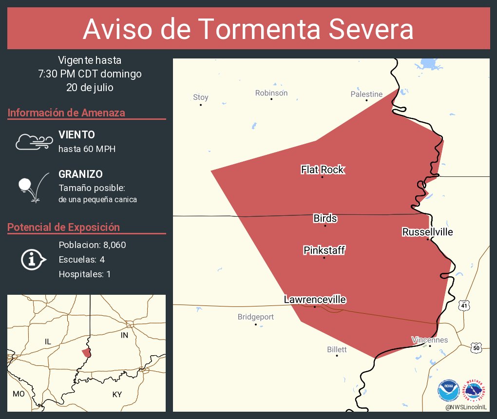 NWSLincolnIL's tweet image. Aviso de Tormenta Severa incluye Lawrenceville IL, Flat Rock IL, Russellville IL hasta las 7:30 PM CDT