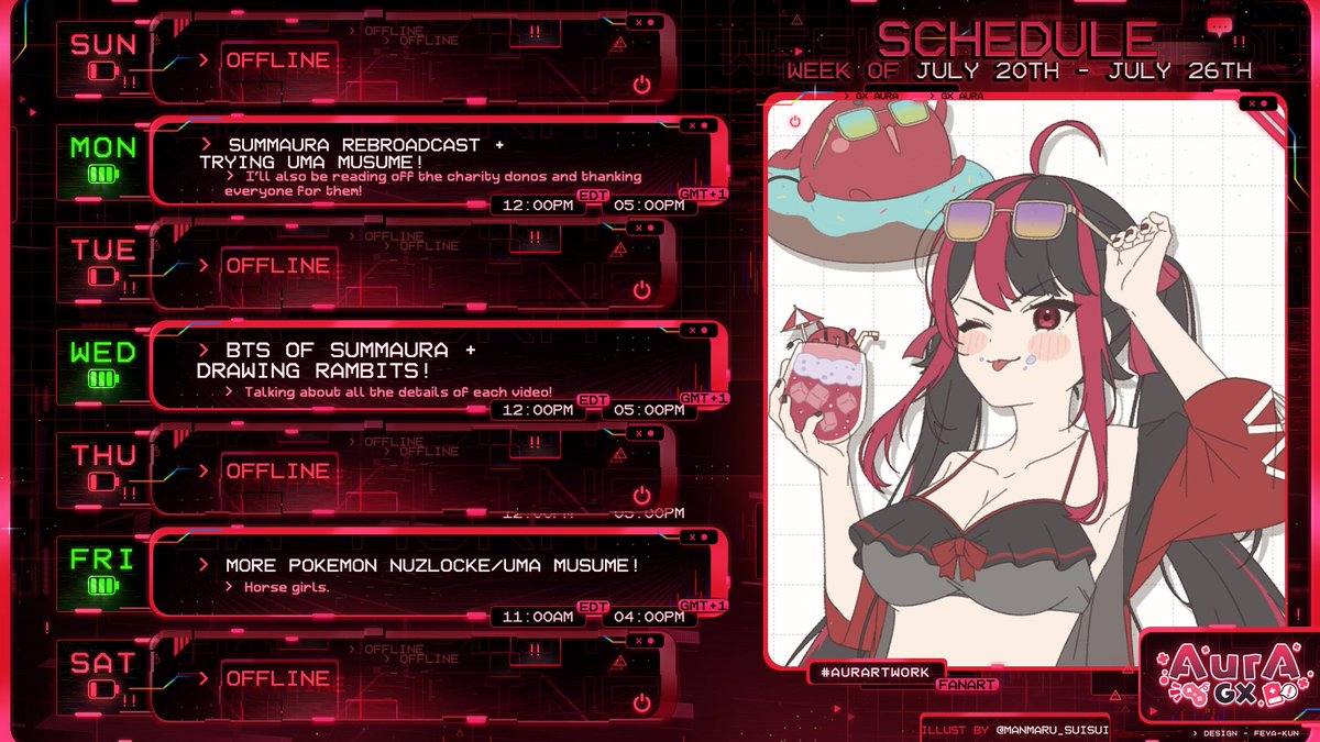 GXAuraOfficial's tweet image. Schedule❤️🖤
Back to streaming BUT working on a few things behind the scenes so not too packed of a week~
Twitch: twitch.tv/gx_aura
YouTube: youtube.com/@GXAuraOfficial
TikTok: tiktok.com/@gxaura
General: #GXAura
Art: #AurArtwork
Memes: #HAHAura
Oshi Marks: 🎮🪫…