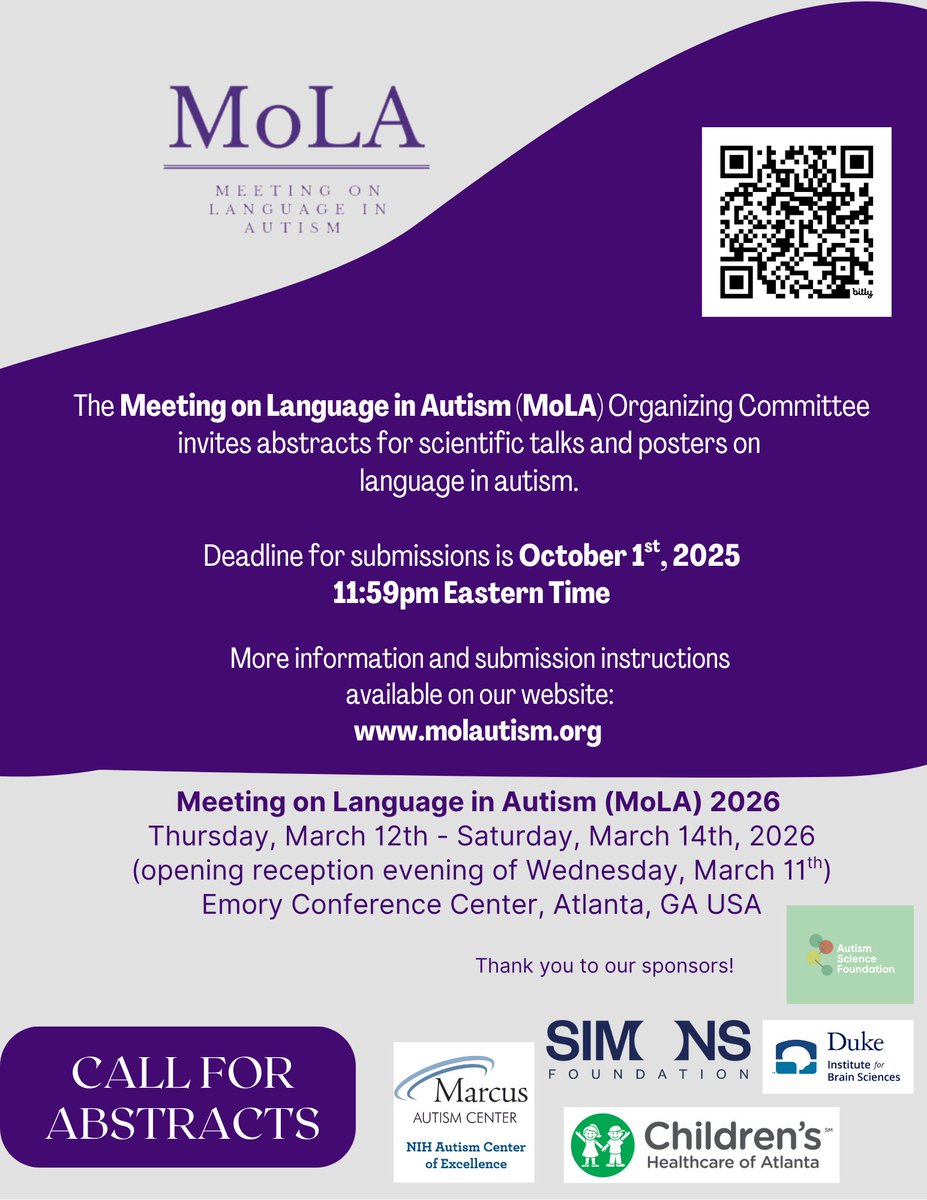 Thank you to the sponsors of MoLA 2026! <a href="/SimonsFdn/">Simons Foundation</a> <a href="/AutismScienceFd/">ASF</a> <a href="/MarcusAutism/">Marcus Autism Center</a> <a href="/DukeBrain/">Duke Institute for Brain Sciences</a> and Children's Healthcare of Atlanta