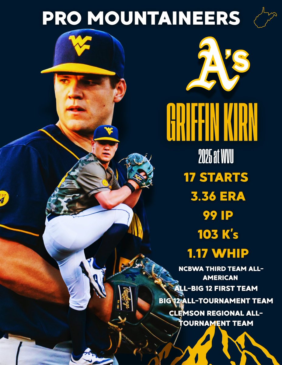 WVUBBAnalytics's tweet image. The @Athletics were busy during the draft when it came to picking up Mountaineers. Check out Griffin Kirn’s numbers from his All-American season at WVU!