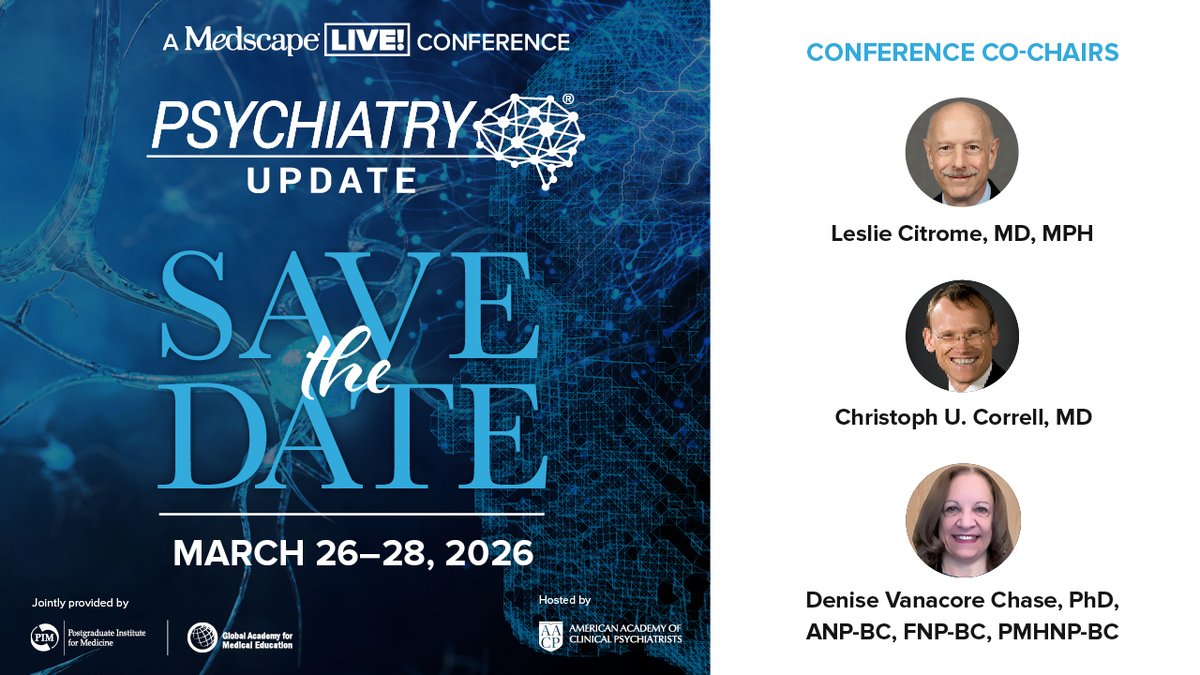 MedscapeLIVE's tweet image. π§ BIG NEWS! #PsychUpdate26 heads back to Chicago March 26β28, 2026! Join expert-led sessions on todayβs most pressing psychiatric topics & connect with your peers! ποΈ Registration is OPEN β ms.spr.ly/6018s69Sj