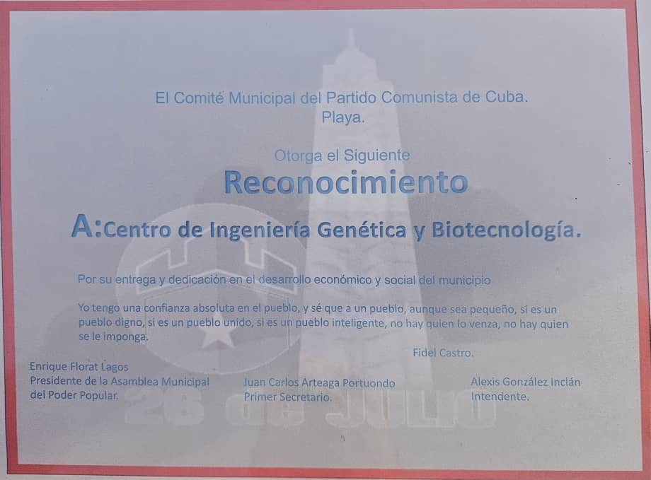 CIGBCuba's tweet image. El Centro de Ingeniería Genética y Biotecnología @CIGBCuba recibe #RECONOCIMIENTO del Comité Municipal del Partido Comunista de Cuba de Playa, por su entrega y dedicación en el desarrollo económico y social del municipio.
#LaLuchaNoHaCesado
#CubaEstáFirme