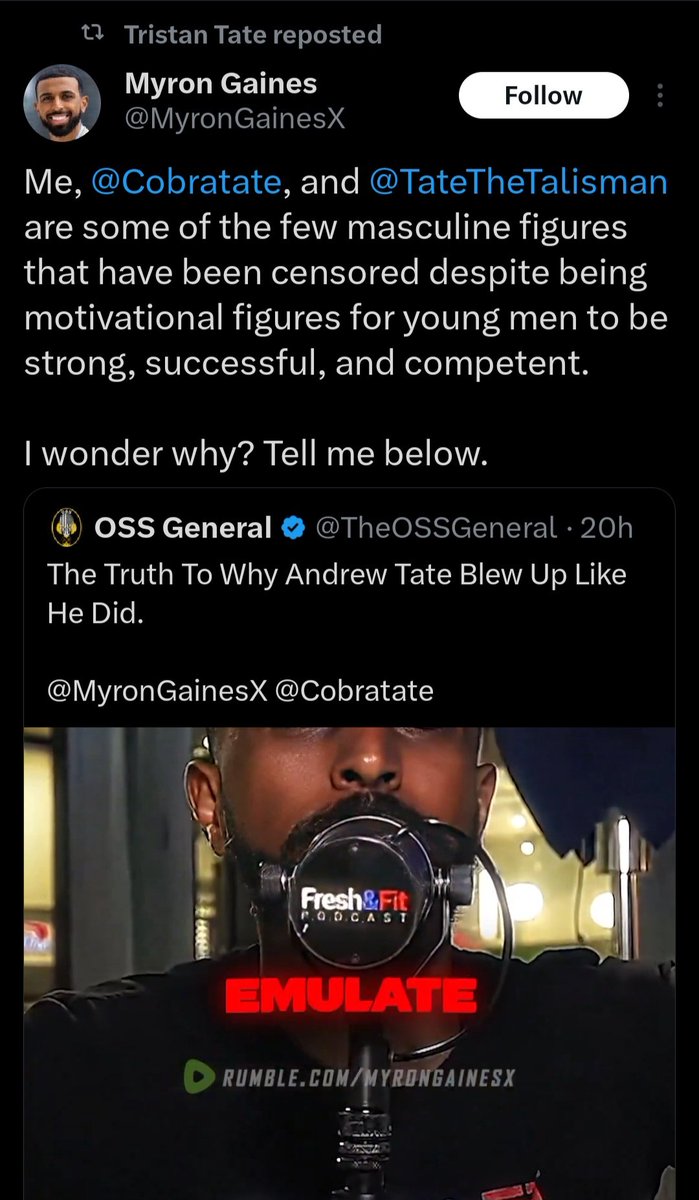 Gadget44027447's tweet image. Myron Gaines has taken up comedy 😂
In reality, the likes of himself and the Tates teach young men to be weak, cowardly, dishonest, and whiny with a victim mentality.