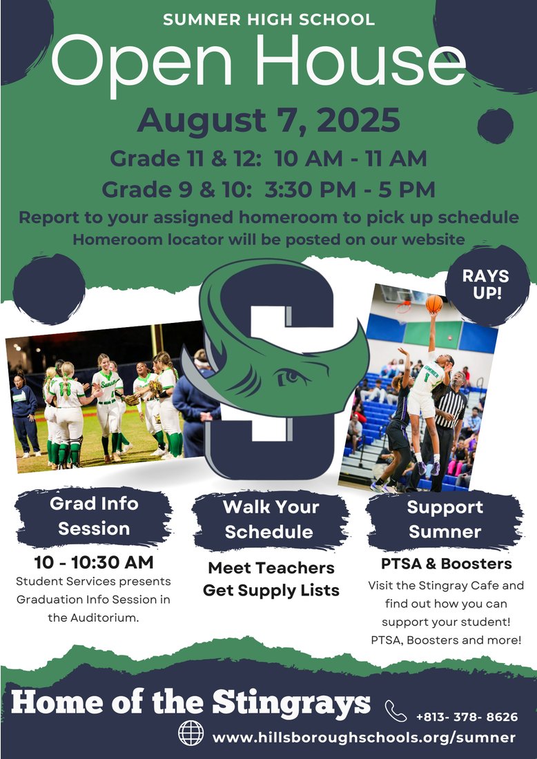 📷You're Invited! 📷📷
Sumner High School Open House
📷August 7, 2025
We're excited to welcome our Stingray families back to campus for Open House! 📷 📷
Come meet teachers, get your schedule, and prepare for a great school year! 📷📷