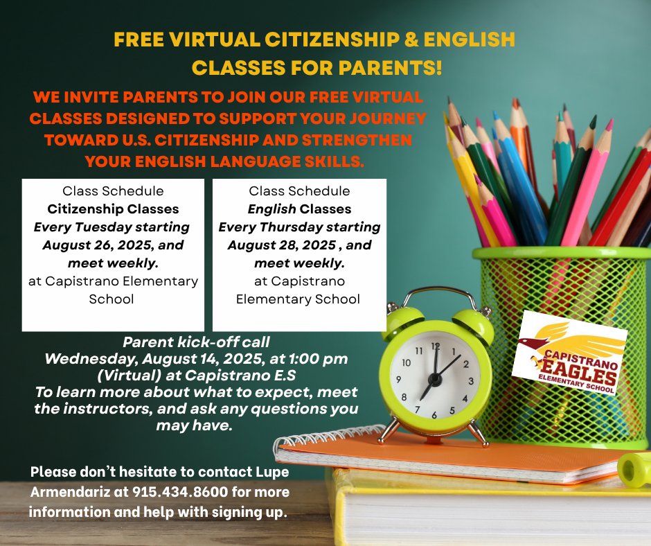 CLASES VIRTUALES GRATUITAS DE CIUDADANÍA Y DE INGLÉS PARA PADRES! 

Invitamos a todos los padres a unirse a nuestras clases virtuales GRATUITAS diseñadas para apoyar su camino hacia la ciudadanía estadounidense y ayudarles a mejorar sus habilidades en el idioma inglés.  Por favor