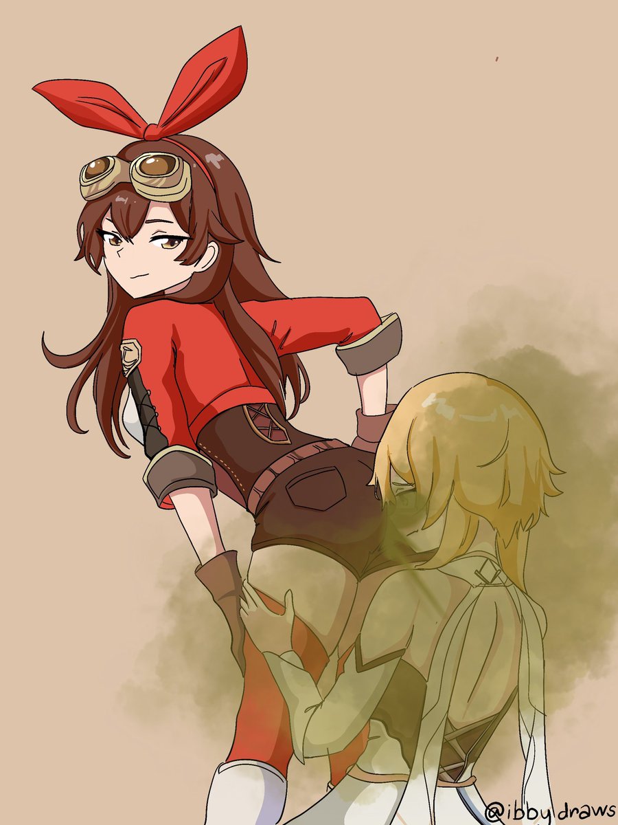 INCREDIBLE REQUEST DONE BY <a href="/ibbydraws/">ibbydraws! 🔞 (comms closed)</a> 

Amber showing Lumine what a Sticky Honey Roast can taste like after a successful scouting mission 🐇❤️🔥