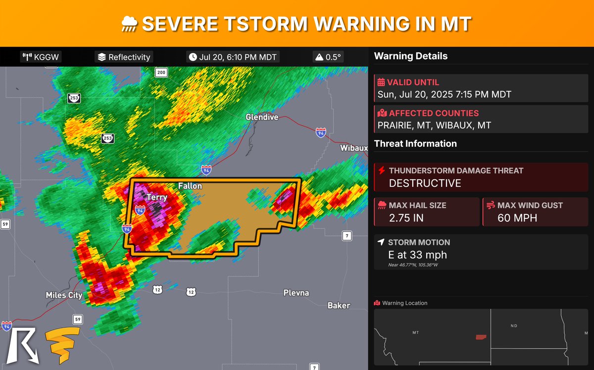 OfficialYallbot's tweet image. MONTANA Severe Thunderstorm Warning: DESTRUCTIVE storm over Terry moving east at 35 mph with 2.75-inch hail & 60 mph winds impacting Terry, Fallon, Mildred, Calypso. People/animals outdoors will be severely injured. Shattered windows, extensive damage expected. Move to an…