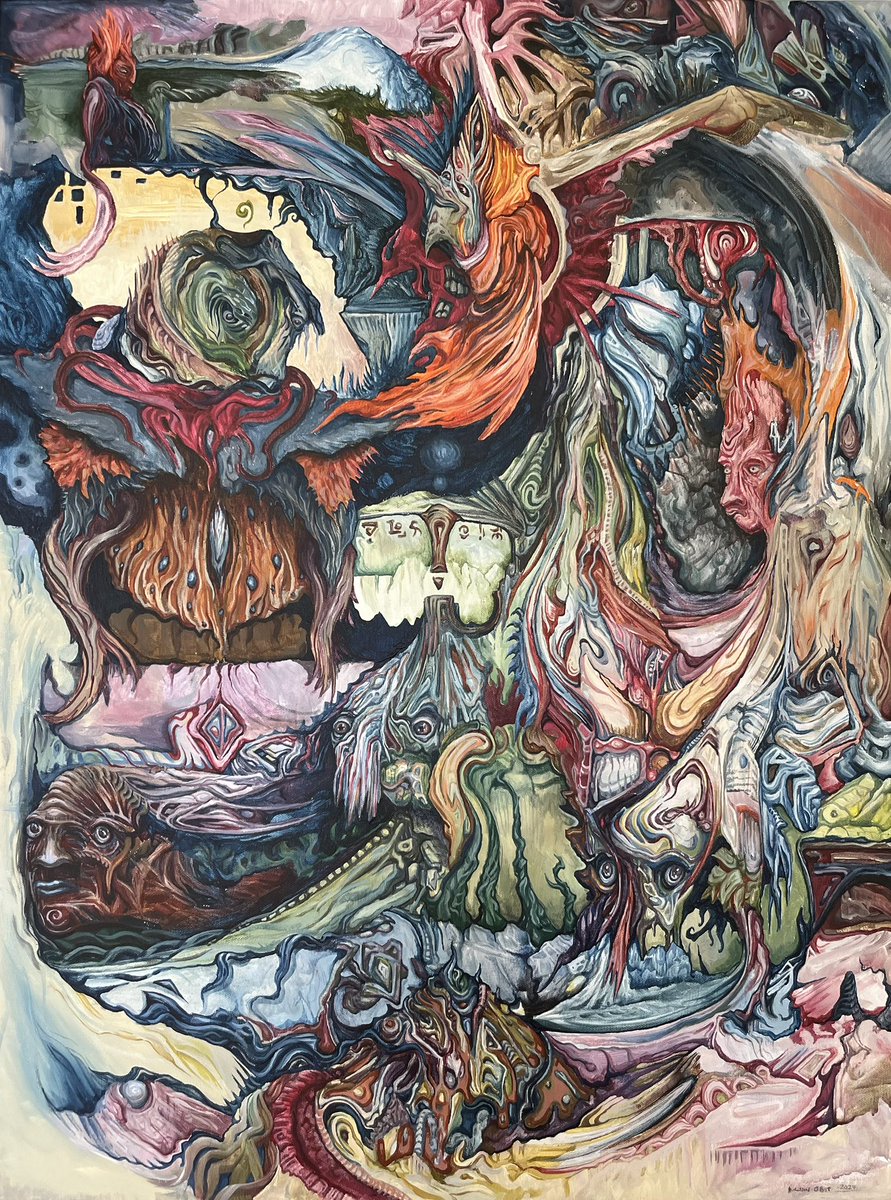 kilio_art's tweet image. This piece is one of my proudest I have a ever painted. It’s acrylic on canvas, and has been a personal breakthrough painting for me. While there are innumerable layers & details to it, I also learned to leave some parts more open & expressive/painterly.
The physical is still…