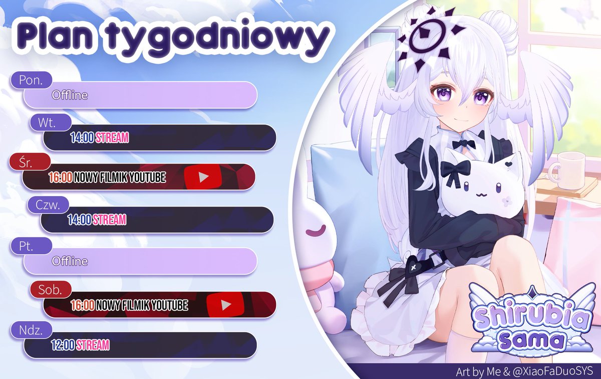 Shirubia_sama's tweet image. Yoo~
Plan na ten tydzień  21.07-27.07
wtorek - [STREAM] 14:00
środa - Filmik na YouTube 16:00
czwartek- [STREAM] 14:00
sobota - Filmik na YouTube 16:00
niedziela- [STREAM] 12:00
˚₊‧꒰ა ☆ ໒꒱ ‧₊˚ ˙⋆

Format PC zrobiony i obs jest ustawiany od zera T^T
Mam nadzieję, że wtorek…