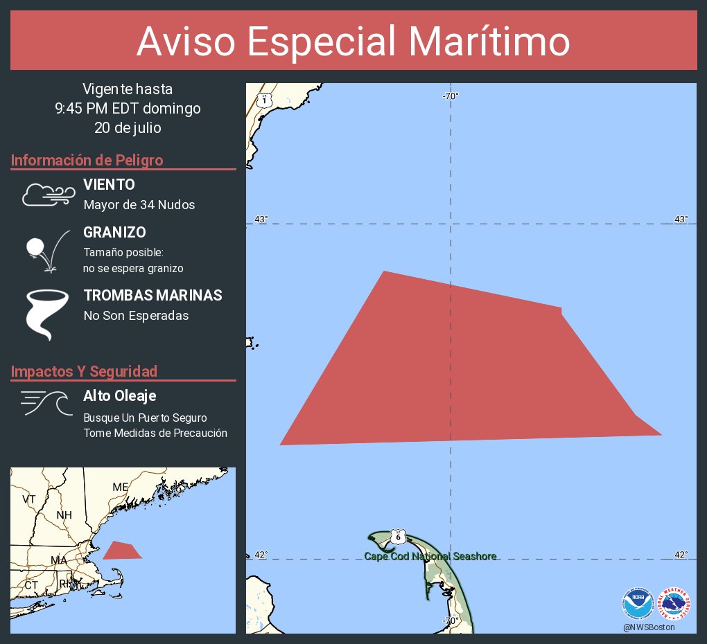 NWSBoston's tweet image. Aviso Especial Marítimo incluye Aguas costeras al este de la Bahía Ipswich y del Santuario Marino Nacional Stellwagen Bank y Aguas Costeras desde de Merrimack River a Plymouth de 40 a 60 MN costa afuera hasta las 9:45 PM EDT