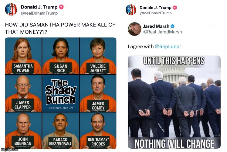 WarClandestine's tweet image. So Trump just posted both of these on Truth Social.
I think it’s pretty safe to say that Trump wants people arrested, and Tulsi’s messaging backs that up.
You are welcome to doubt whether or not it happens, but Trump seems to be normalizing the idea that arrests must happen.