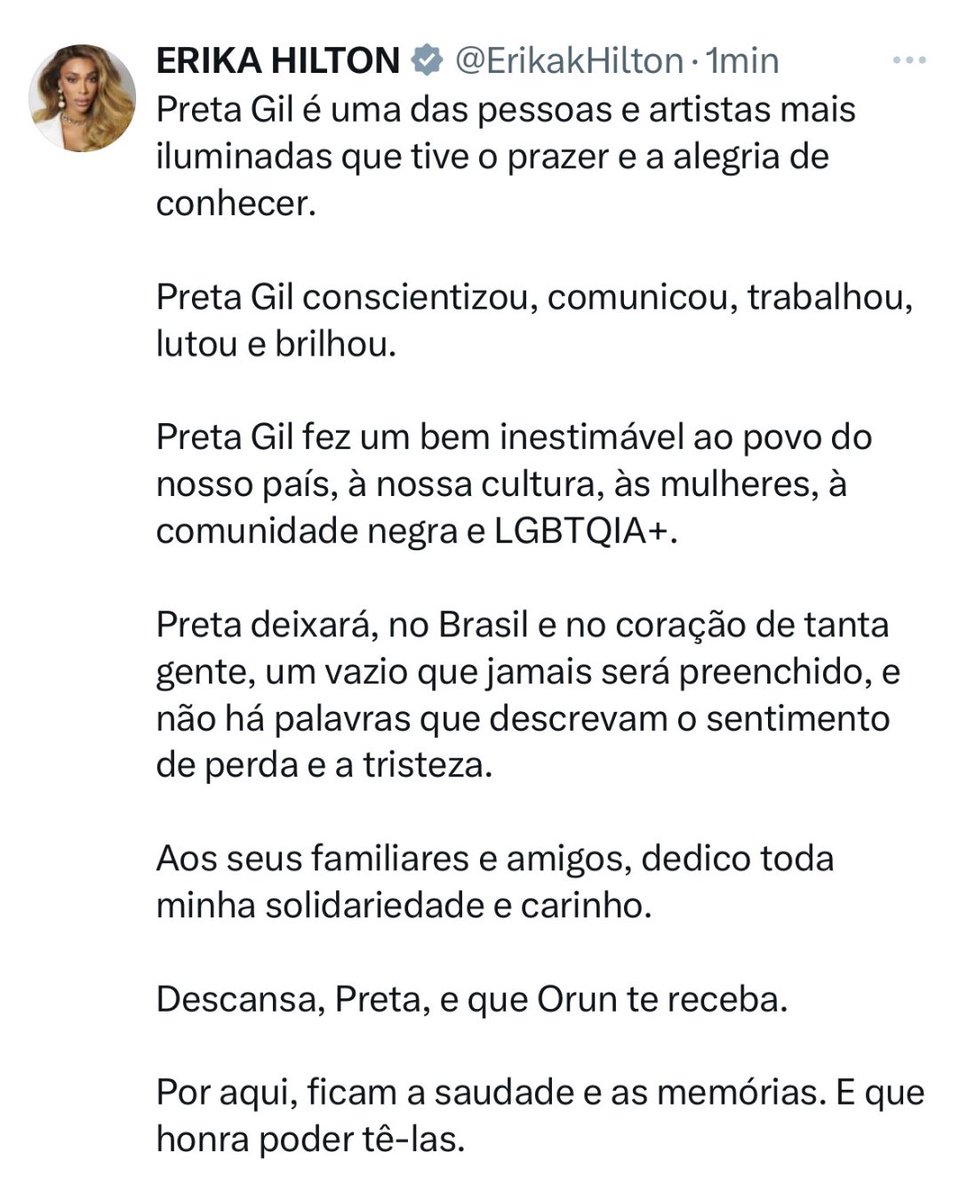 AcessoErikaH's tweet image. Erika Hilton se solidarizou com a morte de Preta Gil 🖤
"Preta Gil fez um bem inestimável ao povo do nosso país, à nossa cultura, às mulheres, à comunidade negra e LGBTQIA+"