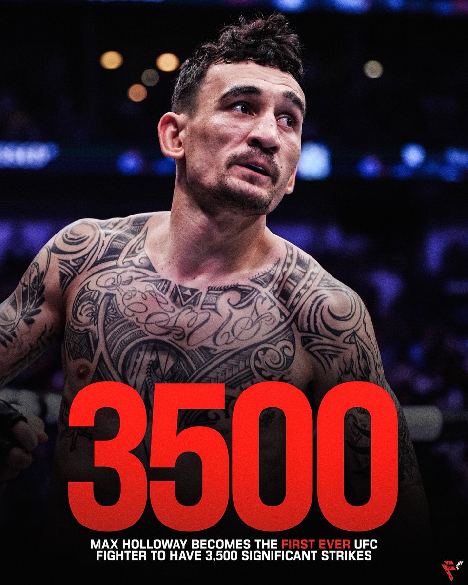 Full_Violence's tweet image. After his fight last night, Max Holloway became the first UFC fighter to record 3,500 significant strikes. The second closest is Sean Strickland with 2,197.