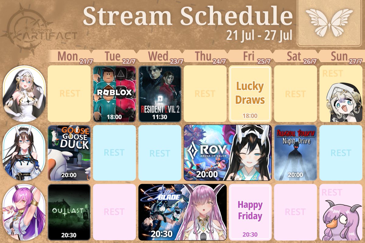 EuphoraProject's tweet image. 🦋 ตารางไลฟ์ประจำสัปดาห์ 🦋
🗓 วันที่ 21 - 27 กรกฎาคม 2568🗓
แล้วแวะมาหาน้องๆได้นะครับ (ﾉ´ヮ`)ﾉ✨
#Vtuber #VtuberTH #EuphoraProject