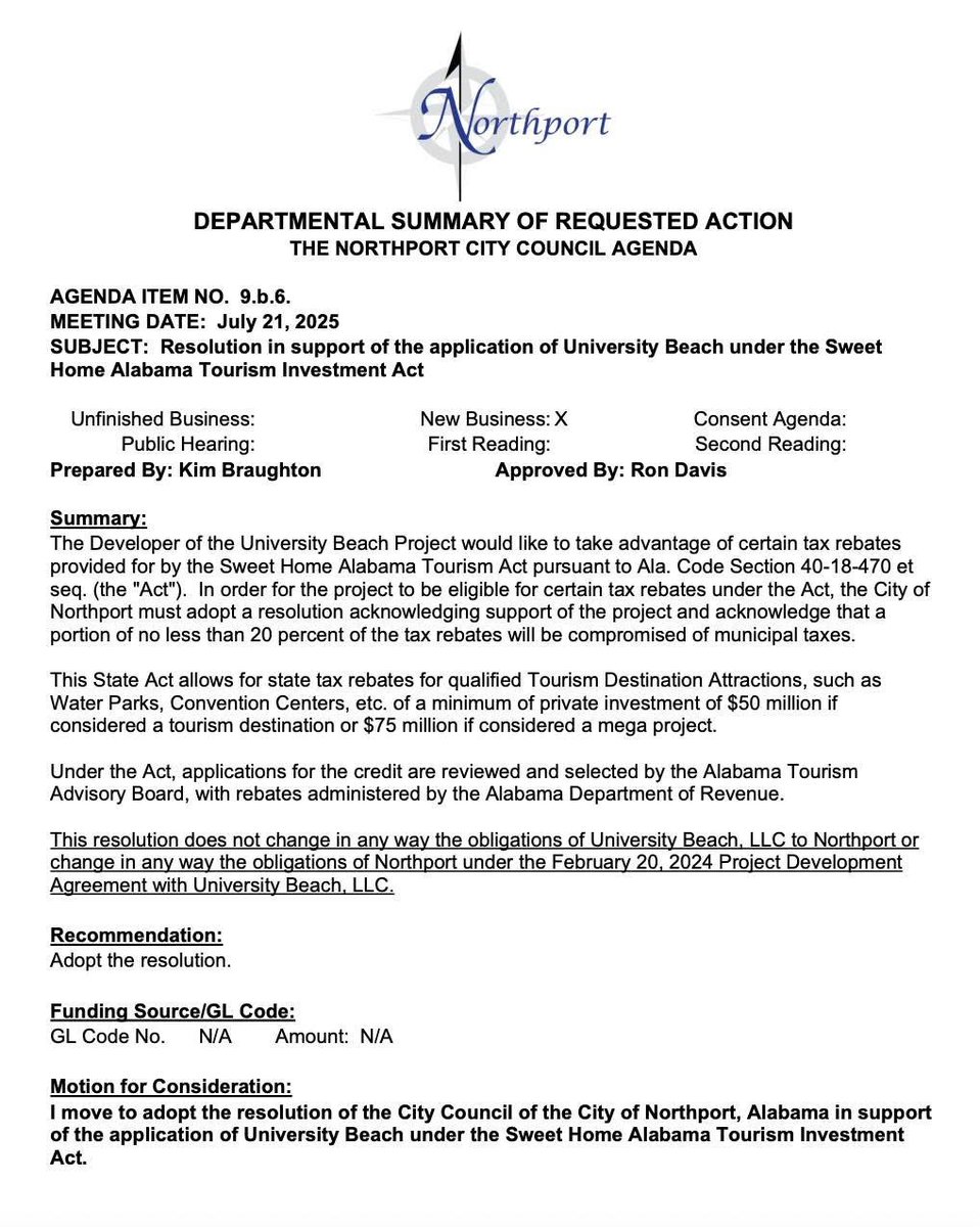 JournoRyan's tweet image. Tomorrow's Northport City Council meeting has two different agenda items relating to University Beach.
The biggest news, though, is that the city will be seeking to push through an application for the development under the Sweet Home Alabama Tourism Investment Act.
