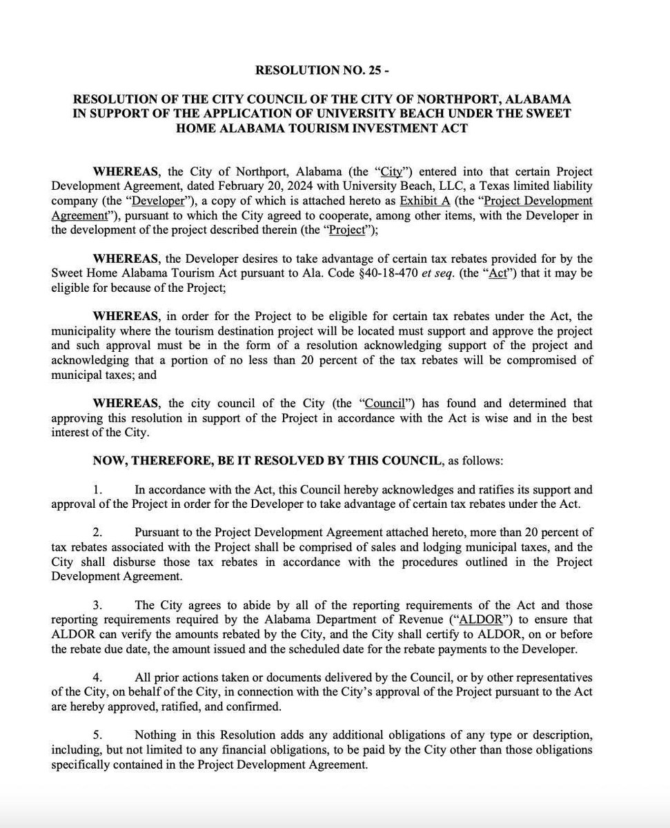 JournoRyan's tweet image. Tomorrow's Northport City Council meeting has two different agenda items relating to University Beach.
The biggest news, though, is that the city will be seeking to push through an application for the development under the Sweet Home Alabama Tourism Investment Act.