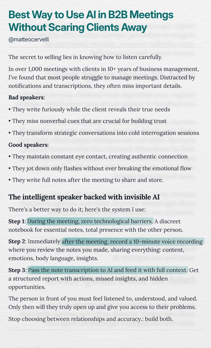 Entrepreneurs ruin million-dollar ties with poor meetings. 

After 10+ years &amp; 1,000+ meetings, I’ve learned being fully present, capturing every detail without ruining things.

The result: in-depth bonds, zero info loss &amp; powerful insights.

Steal my 3-step system 👇