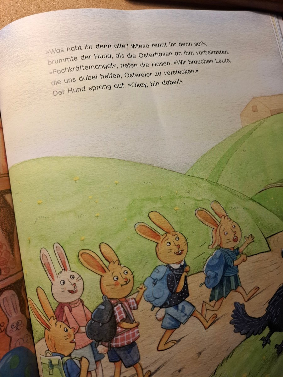 shipilev's tweet image. German children books are teaching the way local economies work. Easter bunnies cry about skilled worker shortage, enlist some farm animals to "help" with their work. Hired animals proceed to do it... arguably poorly. But the easter bunnies are happy and rest instead. 10/10.
