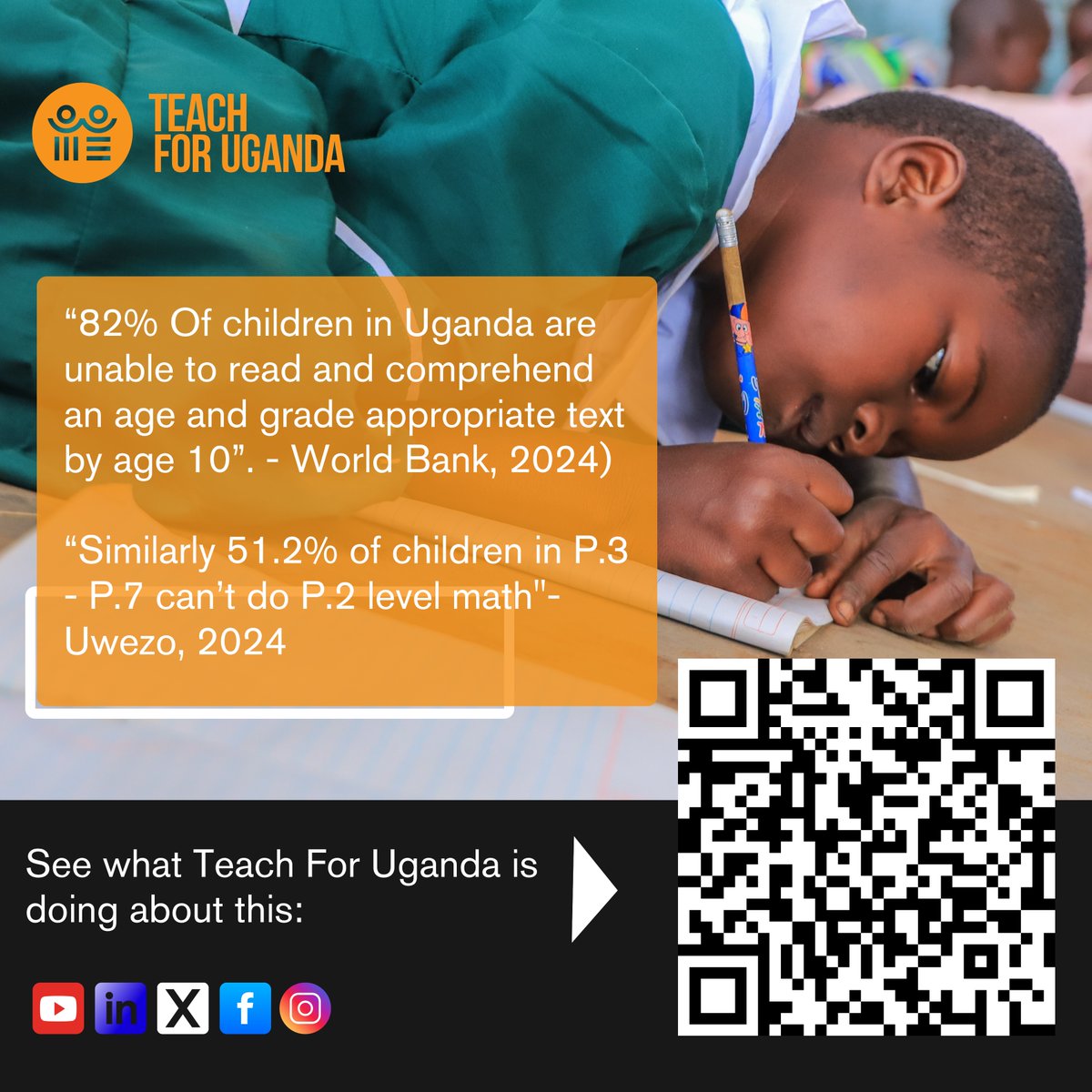 📚82% of Ugandan children can’t read by age 10.
➗51.2% of P.3–P.7 learners can’t do P.2 math. (Source: World Bank/Uwezo)

As we empower leaders to close the gap, we call on you to stand with us in advancing education equity.

📲 Visit to learn more: teachforuganda.org