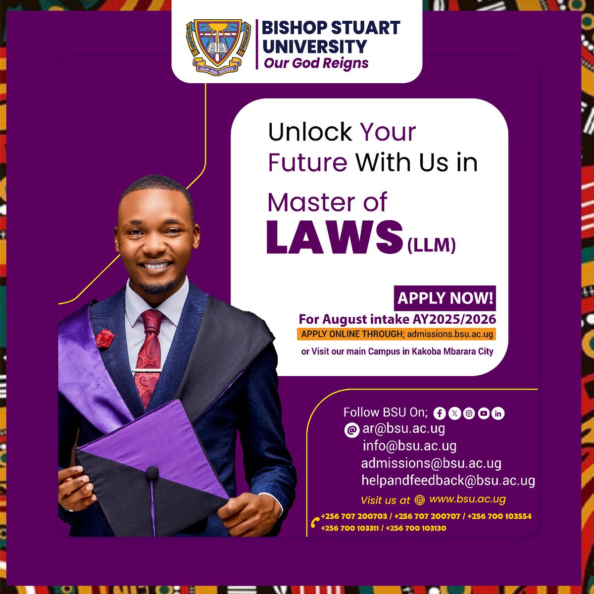 SigireADONIA1's tweet image. Are you interested in doing a MASTERS OF LAW @BishopStuartUni is a priority that gives you the very desired deal that you have always longed for.
Apply now for our AUGUST INTAKE