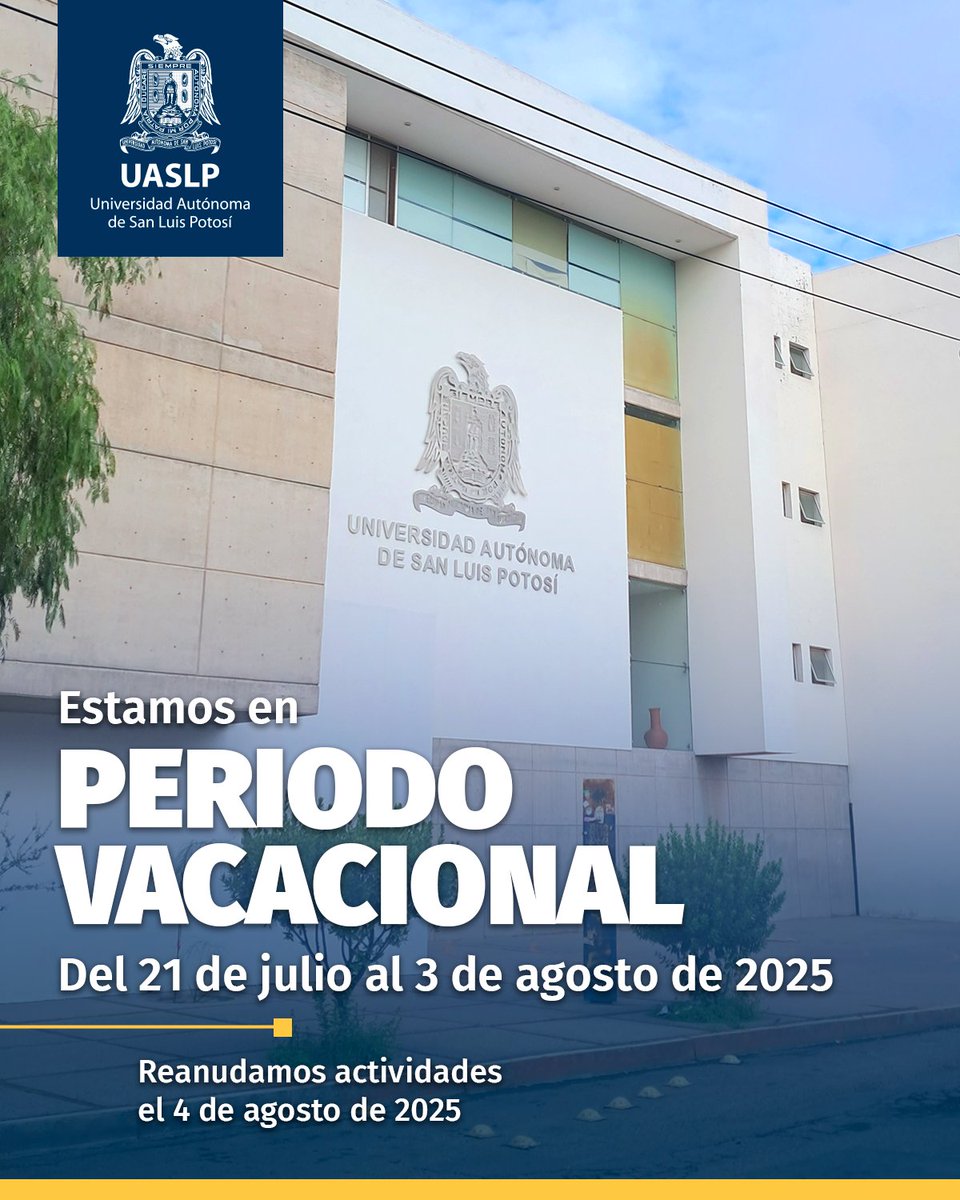 LaUASLP's tweet image. ✅ Oficialmente, este día inicia el periodo vacacional de verano.

¡Feliz descanso! a la comunidad #UASLP 💙💛