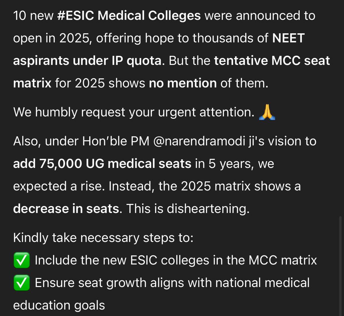 NitishK89681189's tweet photo. 📢 Respected @narendramodi @mansukhmandviya @OfficeOf_MM @NMC_IND @byadavbjp
@esichq @LabourMinistry @EduMinOfIndia @MoHFW_INDIA  #NEETUG2025 #MedicalSeats2025 #ESIC @JPNadda @PMOIndia @RahulGandhi @BhajanlalBjp https://t.co/GryiWbssr1