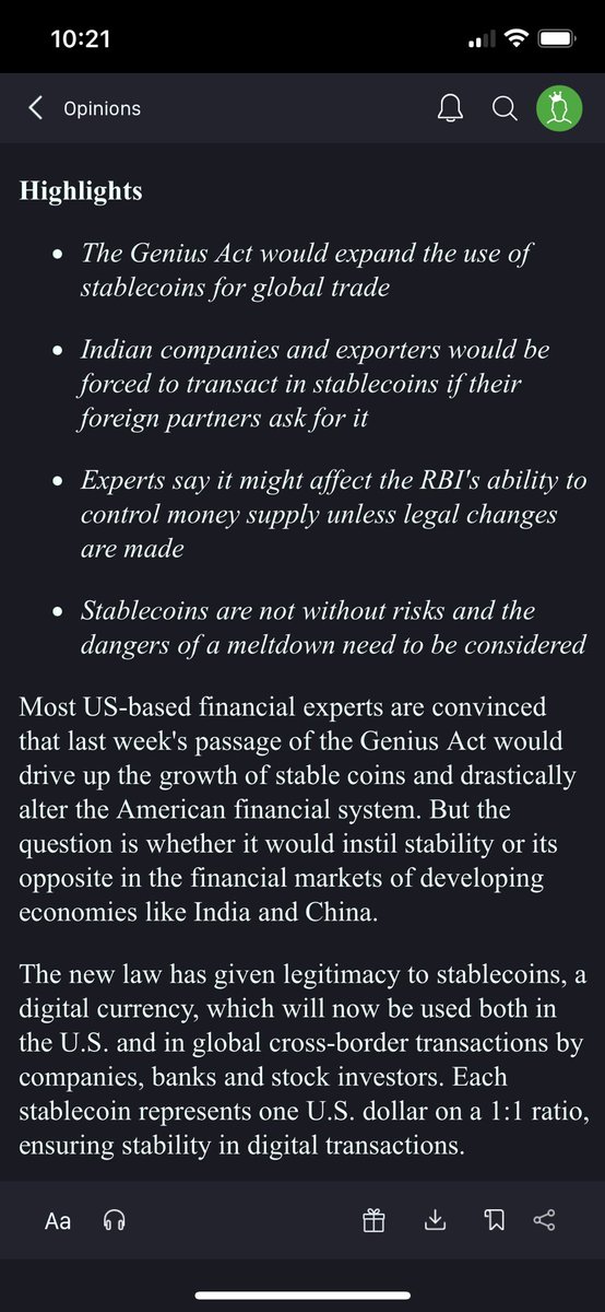 The Genius Act in the U.S. will have an impact in the financial system in India and China if stablecoins are used for global trade in a big way. My article in moneycontrol.com today.