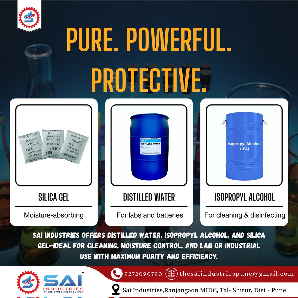Sai__Industries's tweet image. From precise cleaning to moisture prevention, rely on our Distilled Water, Isopropyl Alcohol, and Silica Gel for consistent performance across industries. Quality that ensures precision.

#CleanSolutions #saiindustries