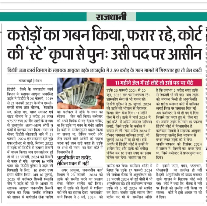 करोड़ों का गबन किया, फरार रहे, कोर्टे की "स्टे" कृपा से पुनः उसी पद पर आसीन...
-डिंडोरी जज कार्य विभाग सहायक आयुक्त उइके छात्रवृत्ति में 2.59 करोड़ के गबन के मामले में गिरफ्तार हुए, जेल में रहे... <a href="/WelfareTribal/">Tribal Welfare Department, MP</a>