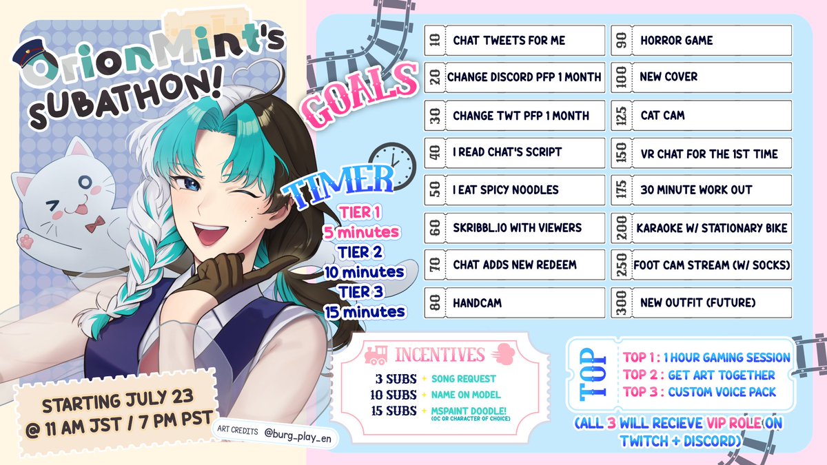 OrionMintVT's tweet image. 🚂All aboard! 💨
So excited to announce that I'll be having a #Subathon to celebrate my 2 year streaming anniversary! Money I get will be put into getting an AC 🫶
I hope to make it a fun time for everyone! 🥳
📆Wednesday 10 AM GMT+8 | 11 AM JST | 7 PM PST | 9:00 PM CST