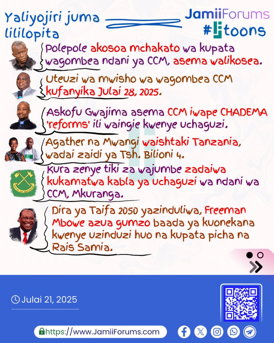 JamiiForums's tweet photo. Kusoma kwa undani habari hizi na mengine yaliyojiri juma lililopita
Bofya https://t.co/fBWQMshwBX
#JamiiAfrica #JamiiForums #YaliyojiriJumaLililopita #JFToons #MorningPost https://t.co/o3o5gx35Ae