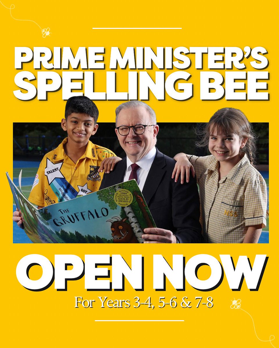 JasonClareMP's tweet image. Registrations for the Prime Minister’s Spelling Bee are now open!
The national competition gives students from Years 3-8 an opportunity to test their literacy skills and win some great prizes.
Entry is free, and registrations close August 22.