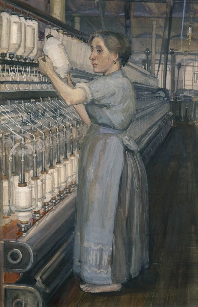 UK suffragette Sylvia Pankhurst was a trained artist and in 1907 created several watercolours depicting women workers in factories, mills and  potteries to highlight working women’s rights, their pay and conditions #WomensArt