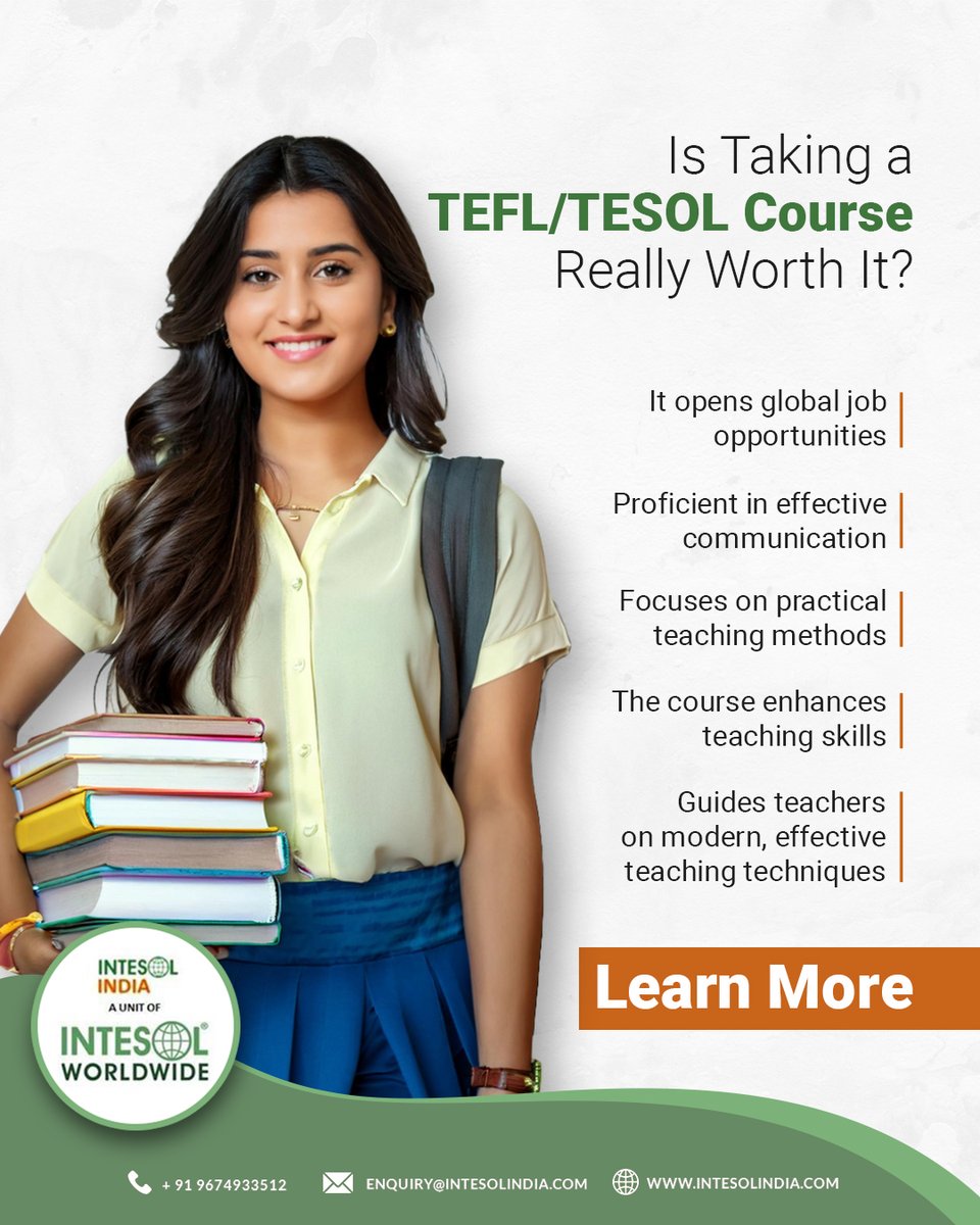 Wondering if a TEFL/TESOL course is worth it?
Absolutely!

Unlock global job opportunities, master practical teaching methods, and enhance your skills with modern techniques. Become a confident and effective communicator today.
#teflcourse #tesolcourse #teachenglish #intesolindia
