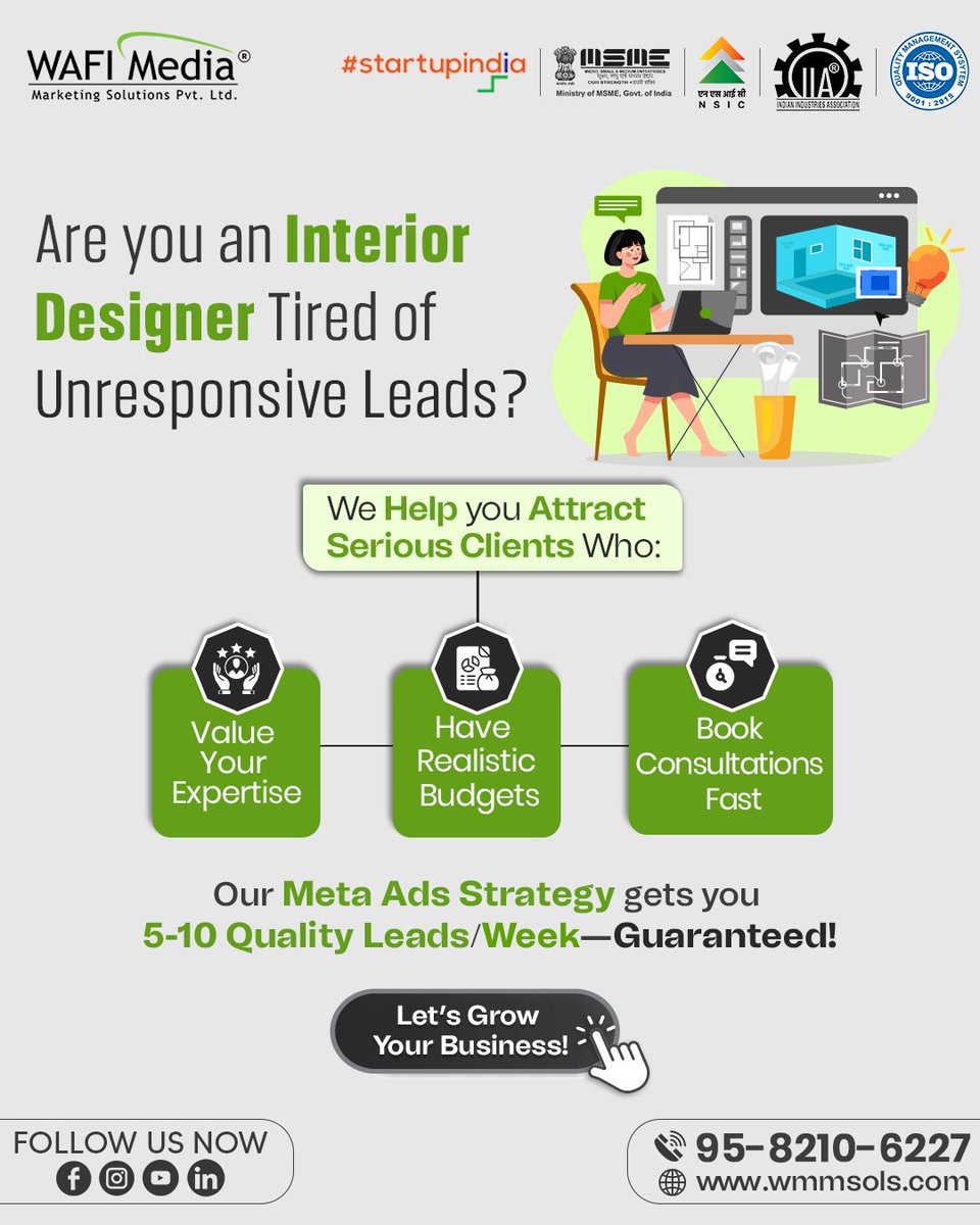 Interior Designers! Tired of unresponsive leads?

Let WAFI Media help you attract serious clients who:
✅ Value your expertise
✅ Have realistic budgets
✅ Book fast consultations

Get 5–10 quality leads/week—Guaranteed!

📞 95-8210-6227 | 🌐 wmmsols.com

 #MetaAds