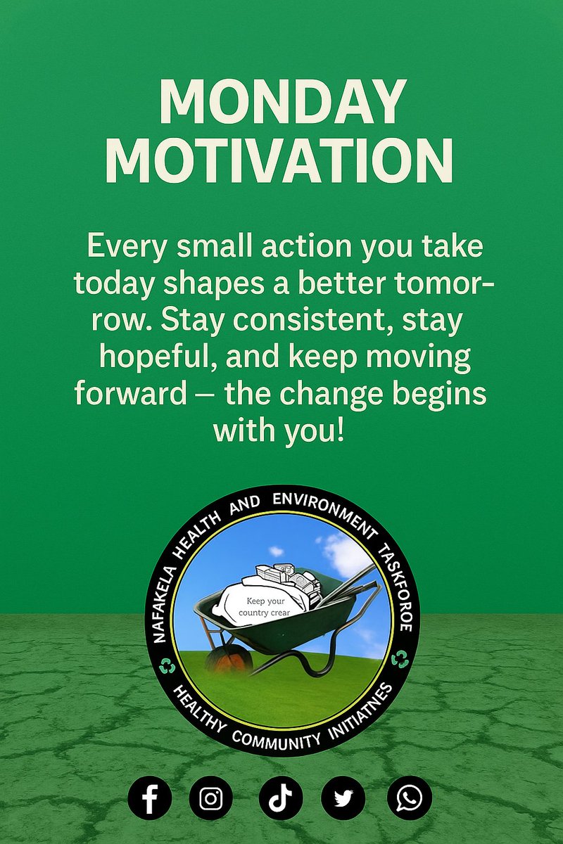 Mafakela Health & Environment Taskforce (@mafakela_hetf) on Twitter photo (Monday Motivation):
Start your week with purpose! 💪
Every small step you take today brings you closer to your goals.
Let’s keep pushing for a cleaner, greener Luveve. 🌿
#MondayMotivation #MHETF #ActNow #CommunitySupporter
#AsibuyeliEmuva (Monday Motivation):
Start your week with purpose! 💪
Every small step you take today brings you closer to your goals.
Let’s keep pushing for a cleaner, greener Luveve. 🌿
#MondayMotivation #MHETF #ActNow #CommunitySupporter
#AsibuyeliEmuva
