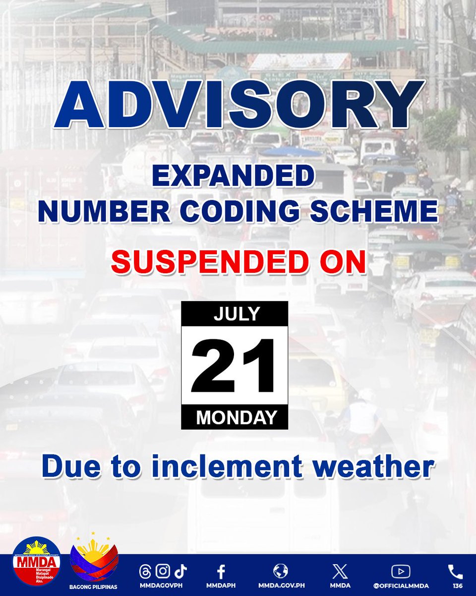 MMDA's tweet image. ABISO: Suspendido ang pagpapatupad ng number coding scheme simula ngayong hapon ng Hulyo 21, 2025 dahil sa matinding ulat na dulot ng habagat.

Mag-ingat sa pagmamaneho ngayong maulan at sundin ang batas trapiko para sa kaligtasan sa daan.

#mmda