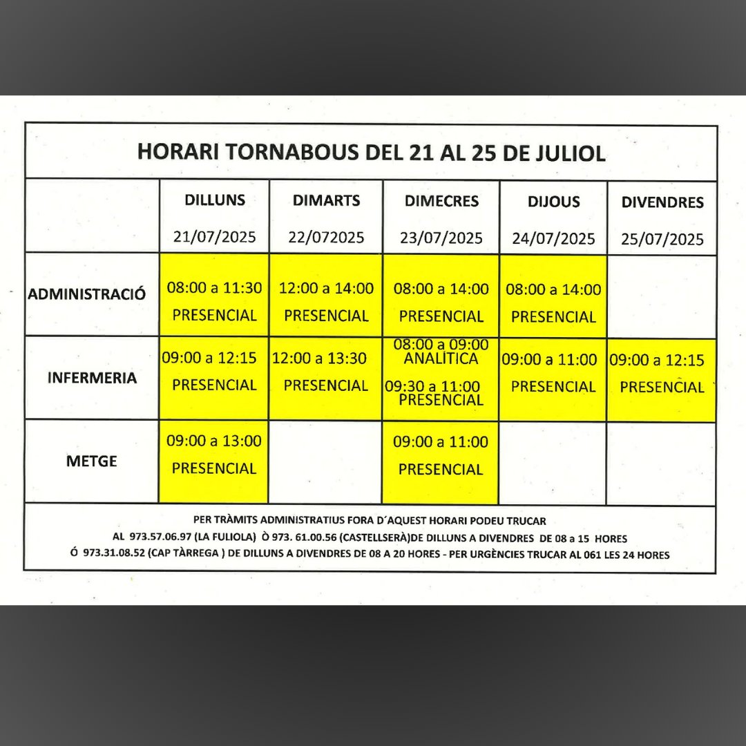 👨‍⚕️ Horari del consultori mèdic de Tornabous.
🗓️ Setmana del 21 al 25 de juliol. 
#municipidetornabous