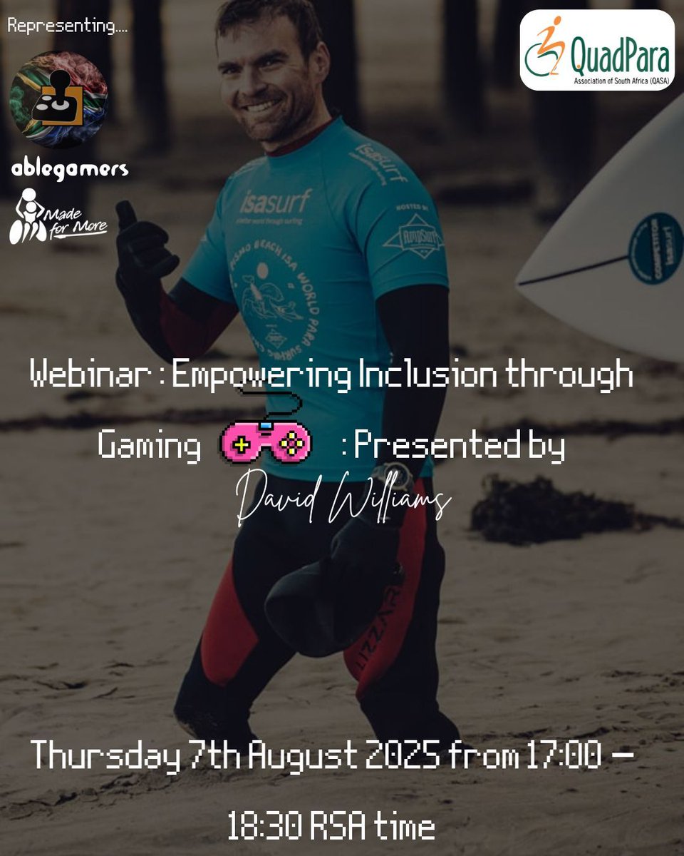 Ablegamers in partnership with QASA will be hosting a webinar on Assistive Gaming Controllers! 🎮
 
📅 Date: 7 August 2025
🕚 Time: 17:00 – 18:30
💻 Where: Microsoft Teams
🔗 Register: buff.ly/F5XXRUY
 
#QASA #Ablegamers #AccessibleGaming #GameWithoutLimits #AssistiveTech